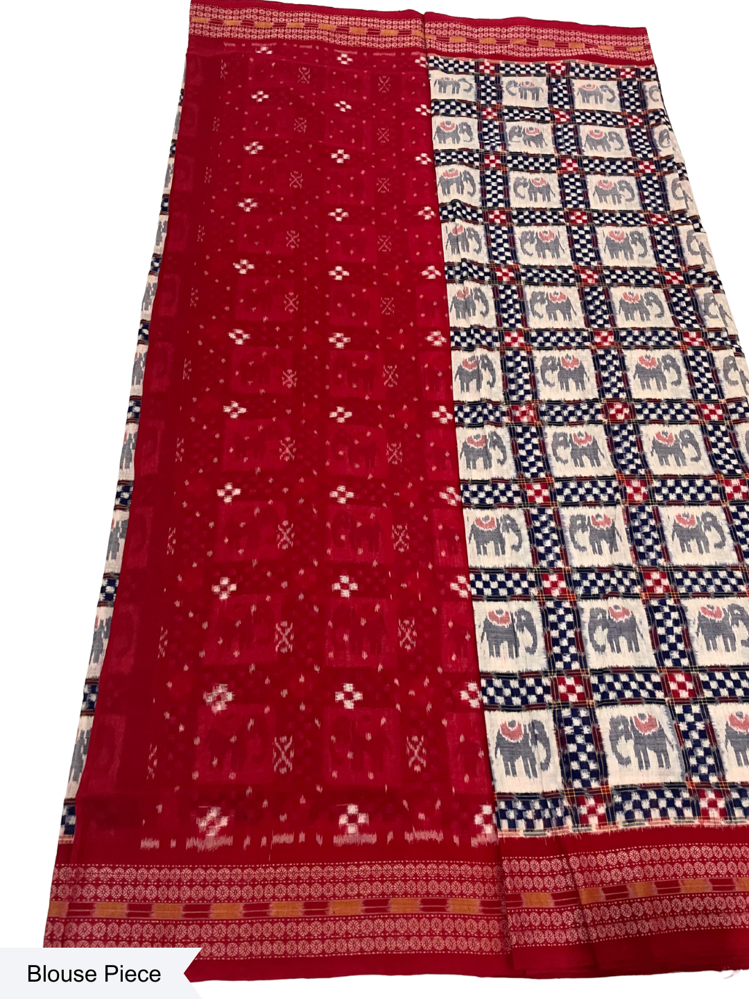 Mini Saptapar Elephant Motif — Royal Blue & Crimson Red | Sambalpuri Cotton Saree