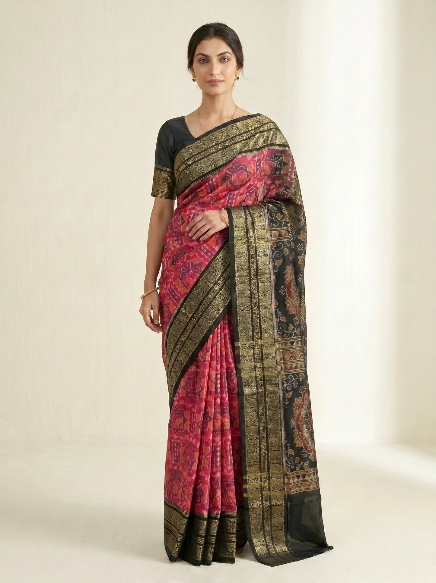 Macha Border — Peach Blossom & Black | Sambalpuri Cotton Saree