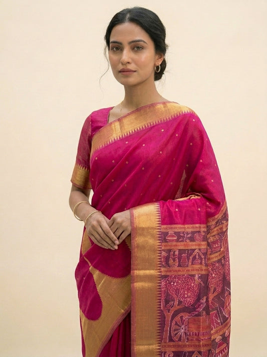 Temple Border - Rani Pink & Antique Gold | Half Tissue Silk Sambalpuri Saree