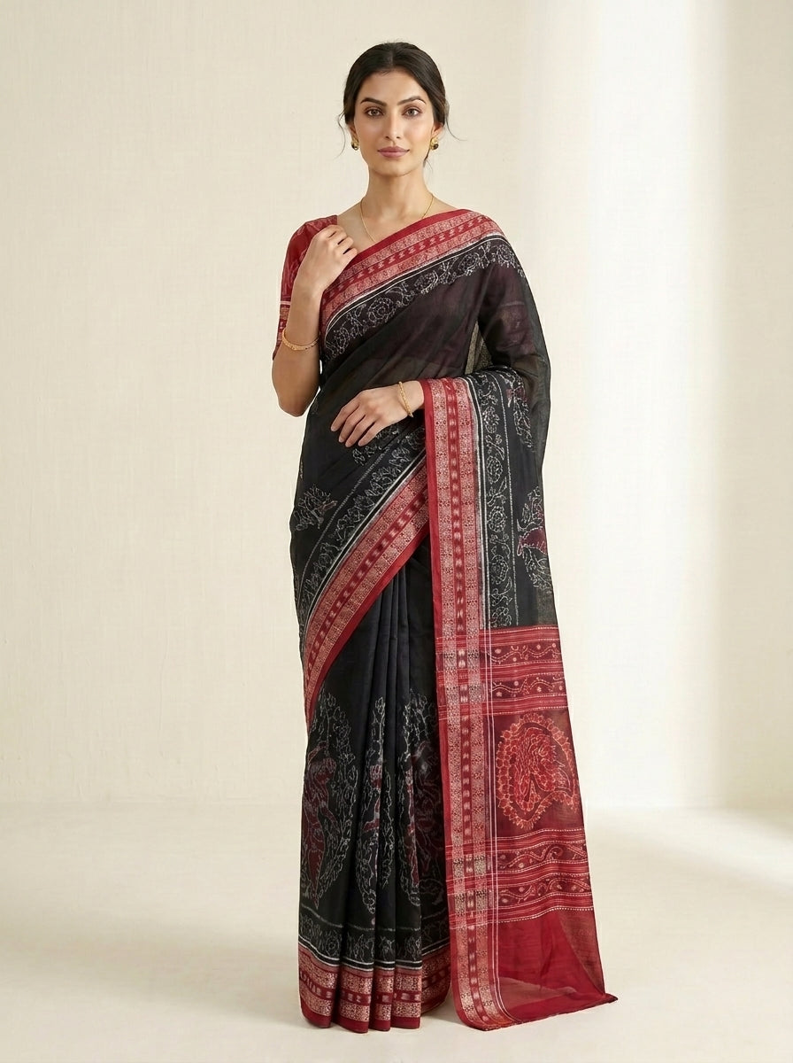 Macha Border — Black & Deep Maroon | Sambalpuri  Cotton Saree
