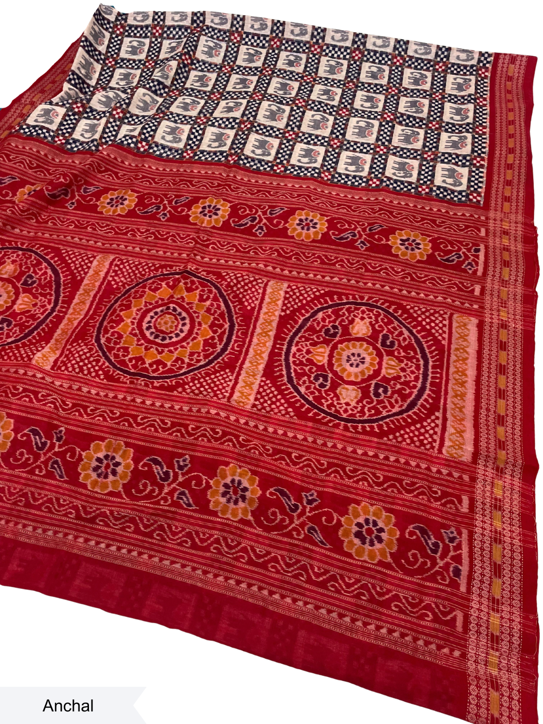 Mini Saptapar Elephant Motif — Royal Blue & Crimson Red | Sambalpuri Cotton Saree