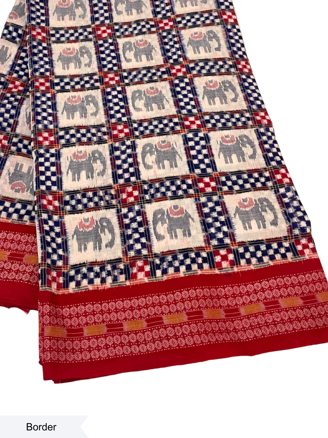 Mini Saptapar Elephant Motif — Royal Blue & Crimson Red | Sambalpuri Cotton Saree