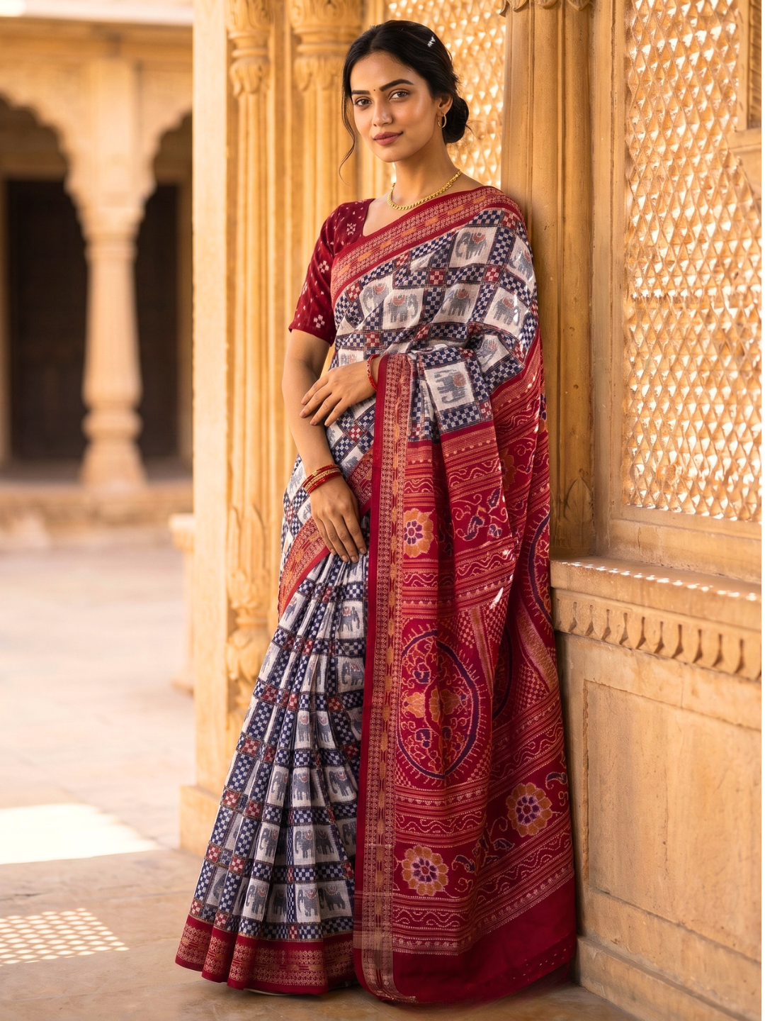 Mini Saptapar Elephant Motif — Royal Blue & Crimson Red | Sambalpuri Cotton Saree