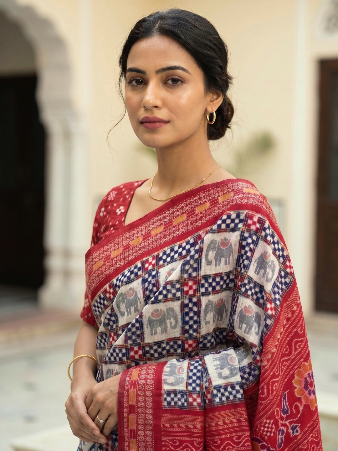 Mini Saptapar Elephant Motif — Royal Blue & Crimson Red | Sambalpuri Cotton Saree