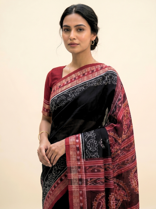 Macha Border — Black & Deep Maroon | Sambalpuri  Cotton Saree