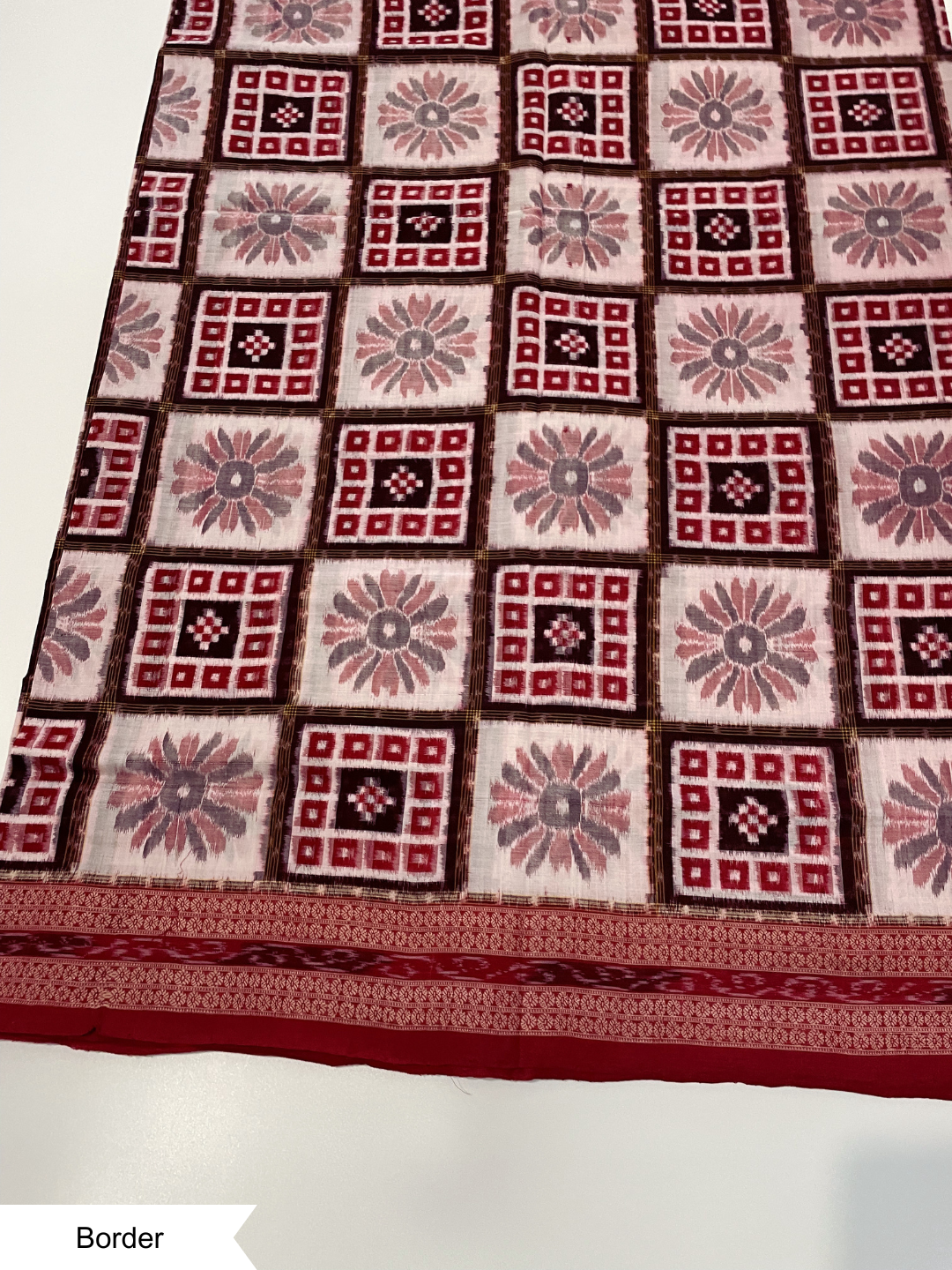 Baghambari Saptapar — Ivory White & Deep Maroon | Sambalpuri Cotton Saree