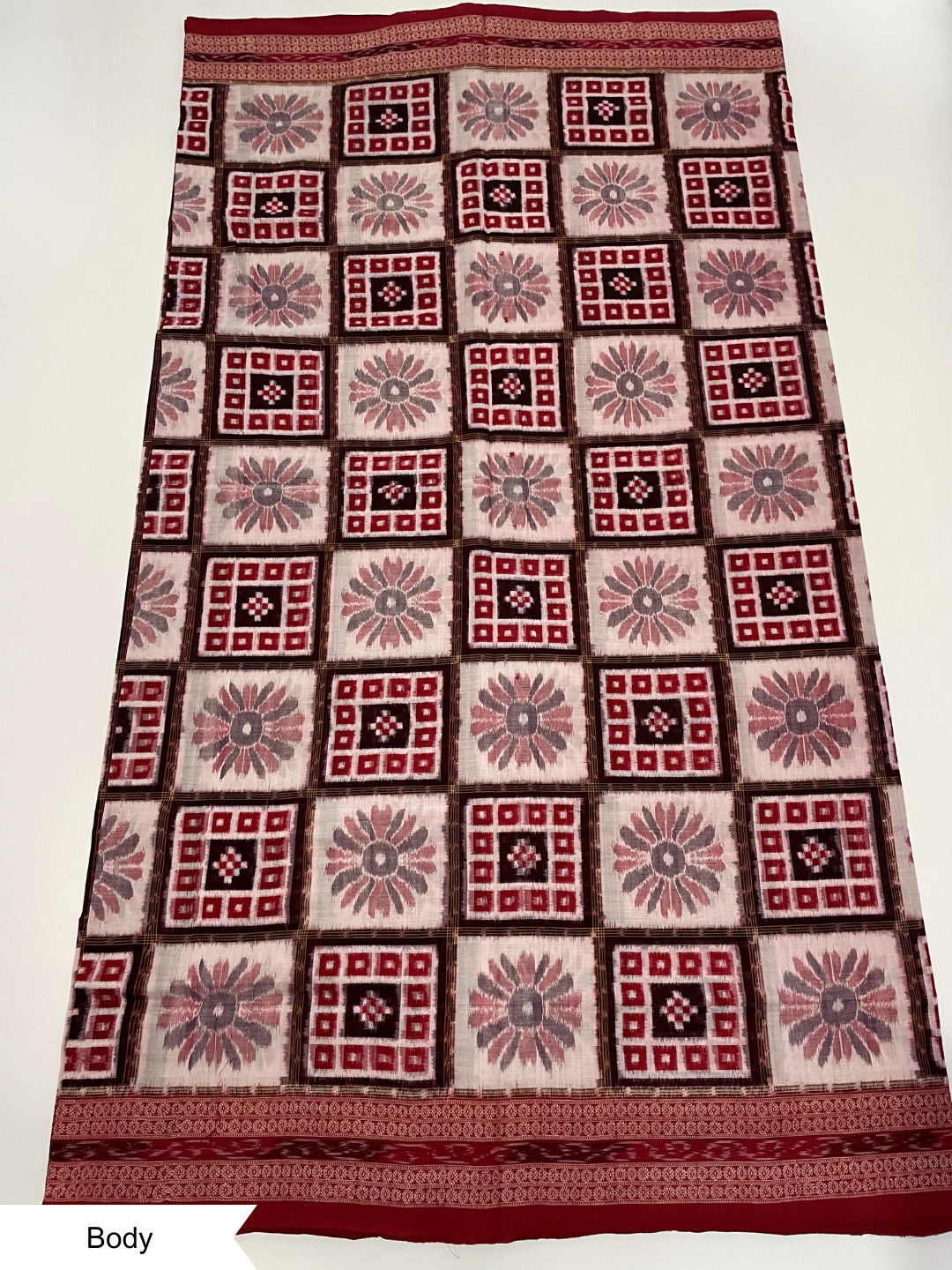 Baghambari Saptapar — Ivory White & Deep Maroon | Sambalpuri Cotton Saree