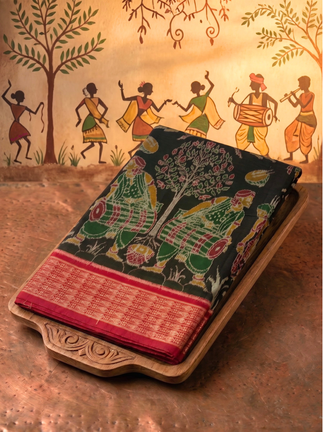 Dalkhai - Mehendi Green & Maroon | Sambalpuri Cotton Saree