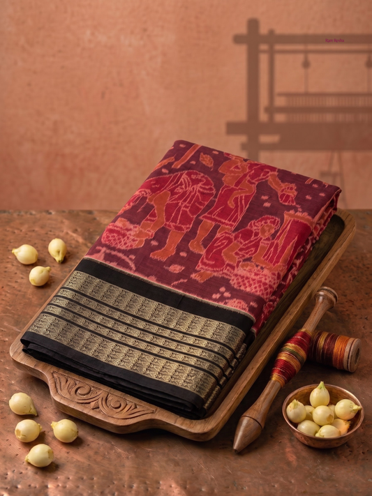 Mahulbeta - Rust Red & Coffee | Sambalpuri Cotton Saree