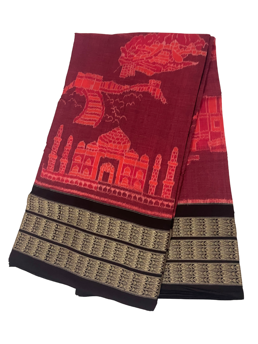 7 Wonders of the World | Rust Red & Coffee | Sambalpuri Cotton Saree