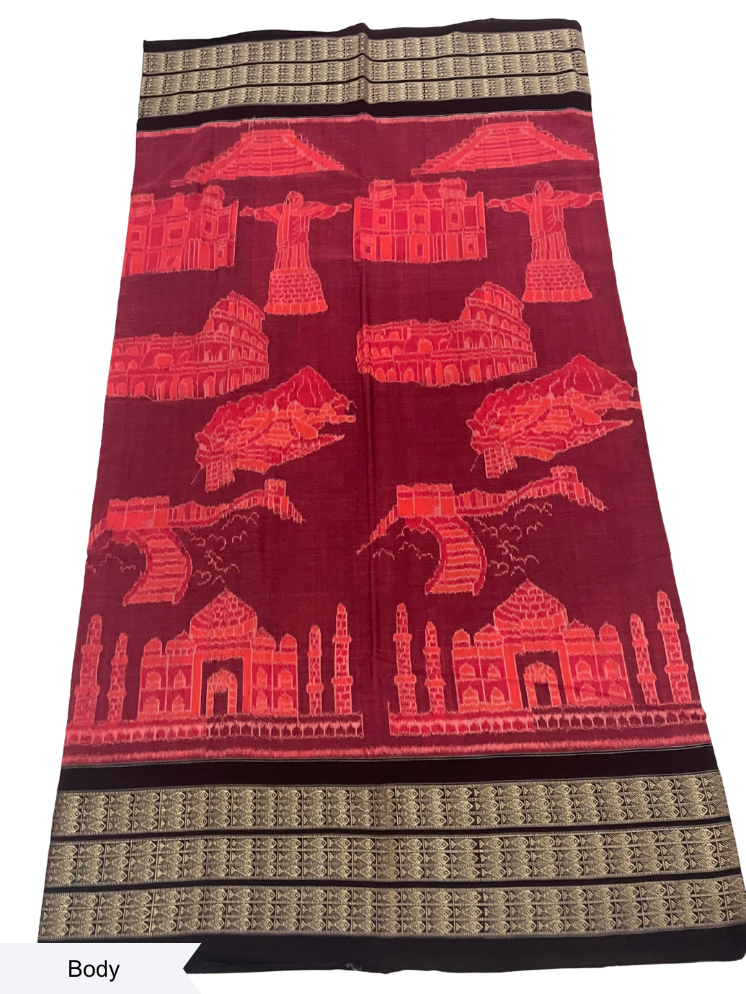 7 Wonders of the World | Rust Red & Coffee | Sambalpuri Cotton Saree