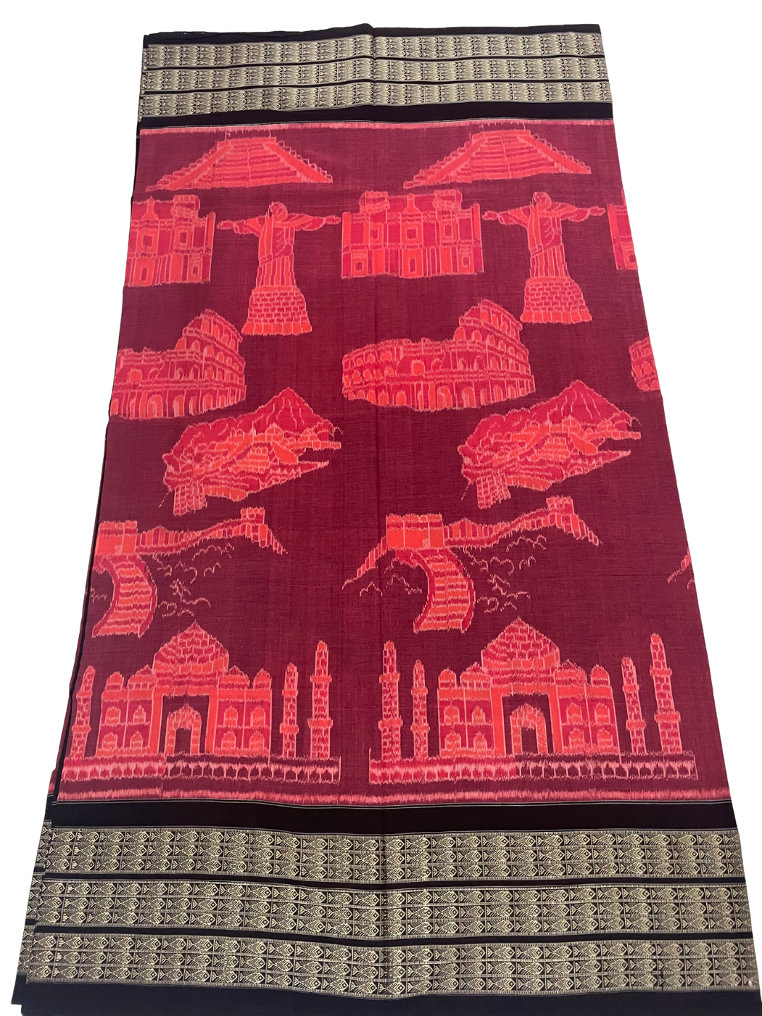 7 Wonders of the World | Rust Red & Coffee | Sambalpuri Cotton Saree