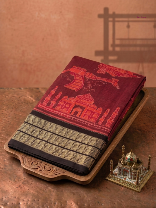 7 Wonders of the World | Rust Red & Coffee | Sambalpuri Cotton Saree