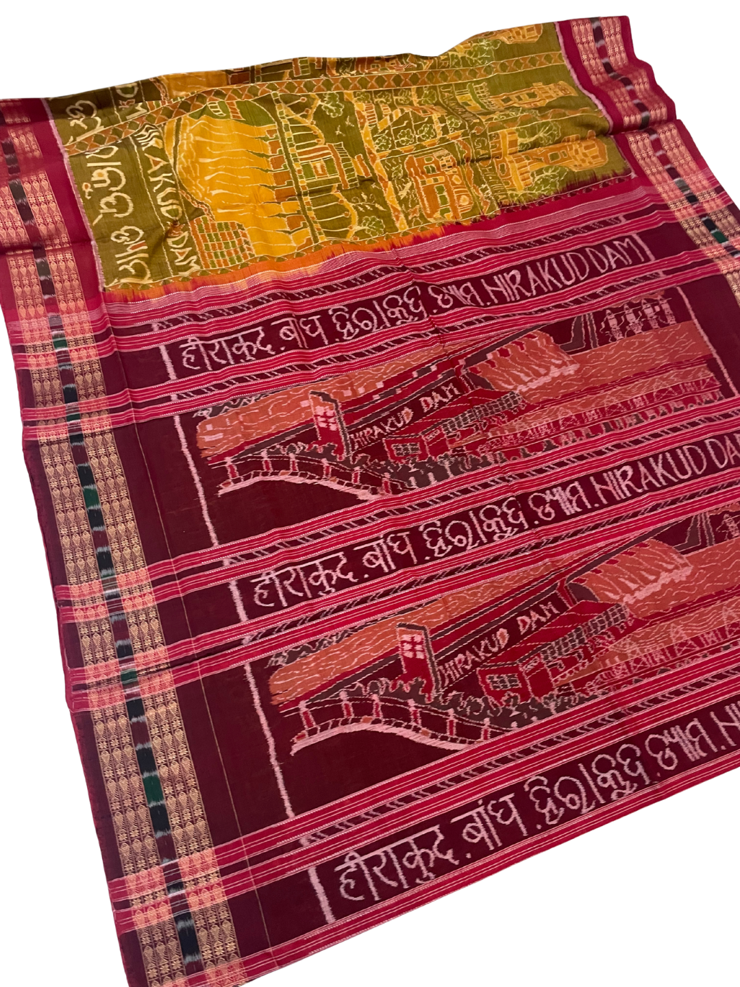 Hirakud Dam | Olive & Burgundy | Sambalpuri Cotton Saree