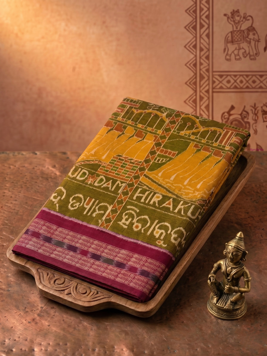 Hirakud Dam | Olive & Burgundy | Sambalpuri Cotton Saree