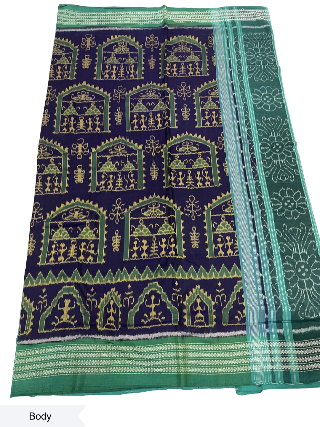 Tribal Motif — Midnight Violet & Sea Green | Sambalpuri Cotton Saree
