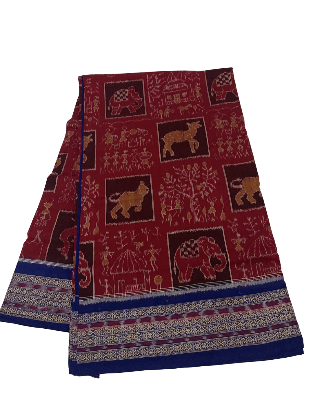Wildlife Motif — Burnt Maroon & Sapphire Blue | Sambalpuri Cotton Saree