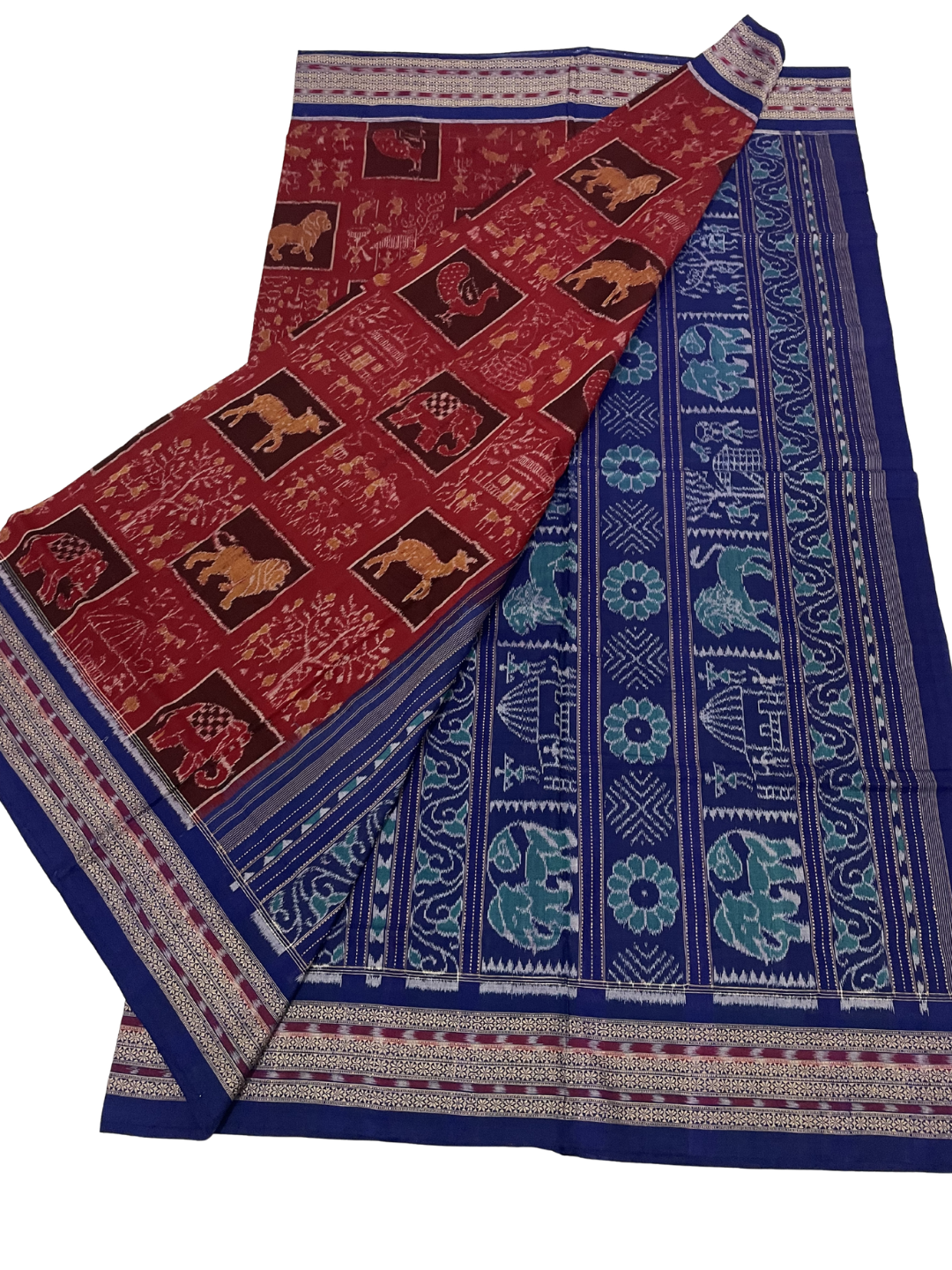 Wildlife Motif — Burnt Maroon & Sapphire Blue | Sambalpuri Cotton Saree