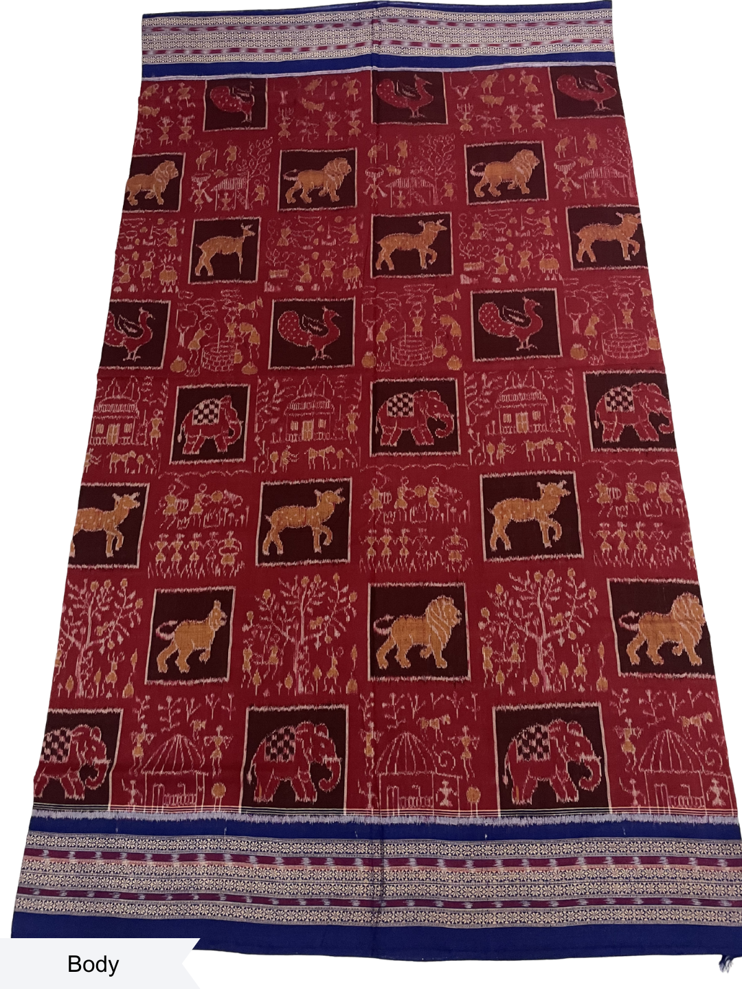 Wildlife Motif — Burnt Maroon & Sapphire Blue | Sambalpuri Cotton Saree