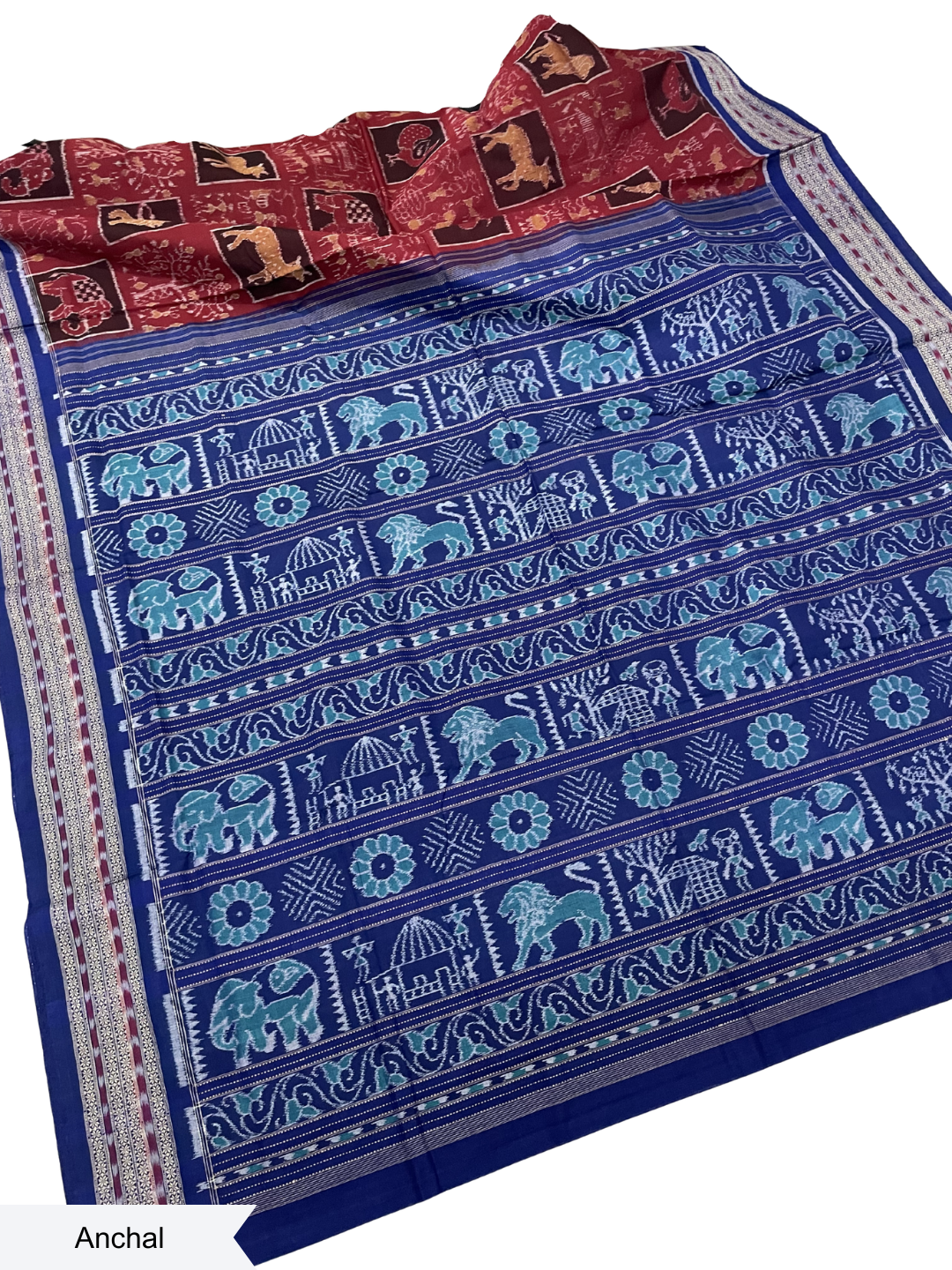 Wildlife Motif — Burnt Maroon & Sapphire Blue | Sambalpuri Cotton Saree