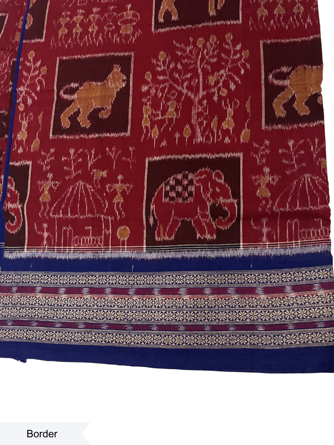 Wildlife Motif — Burnt Maroon & Sapphire Blue | Sambalpuri Cotton Saree