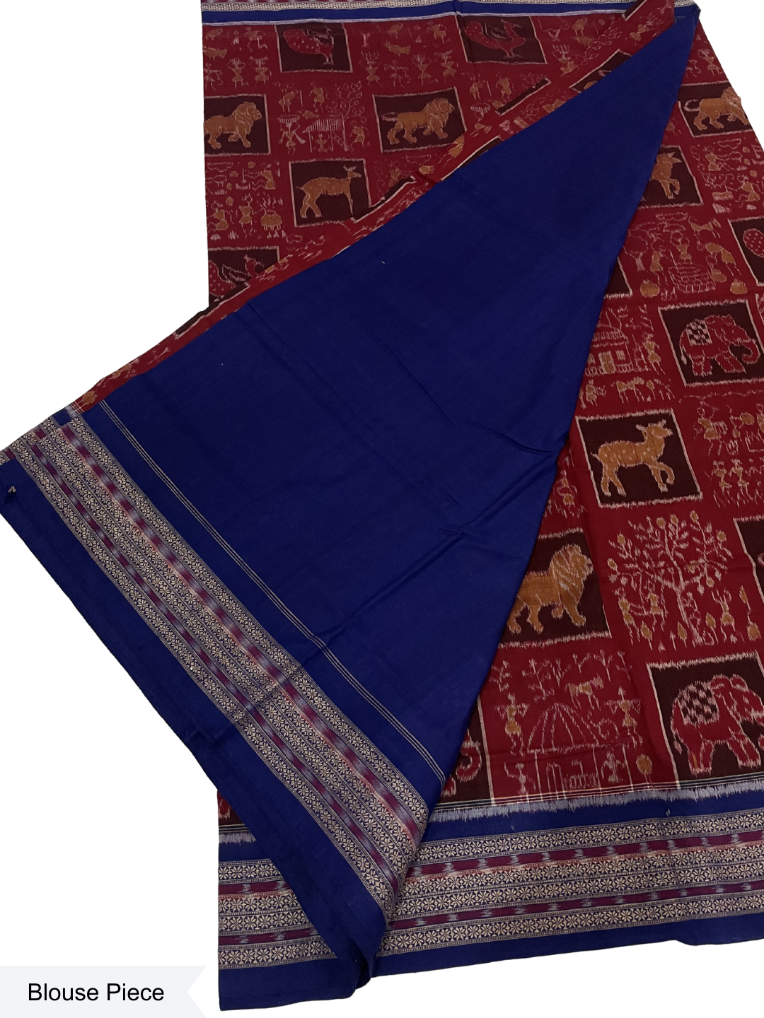 Wildlife Motif — Burnt Maroon & Sapphire Blue | Sambalpuri Cotton Saree