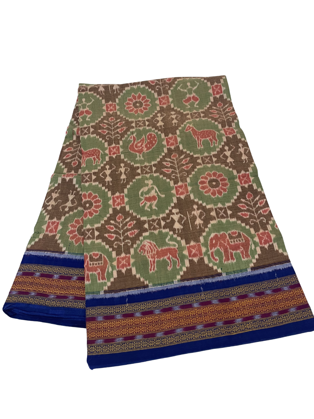 Wildlife Bandha — Mehendi Green & Royal Blue | Sambalpuri Cotton Saree