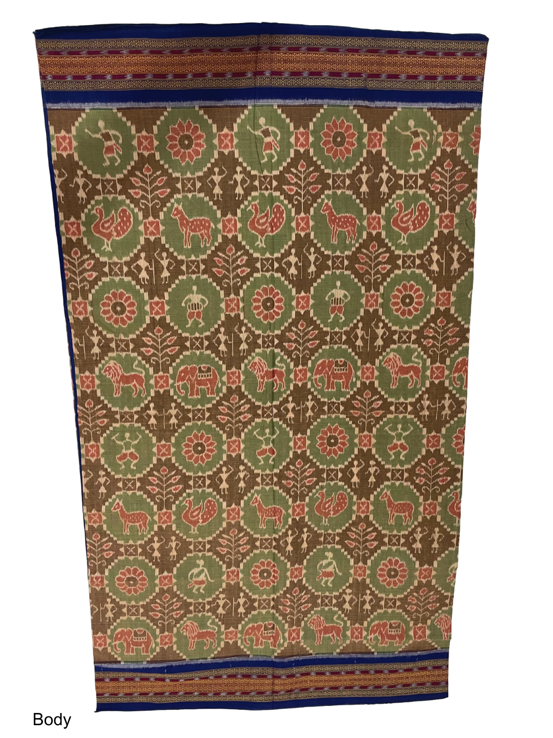 Wildlife Bandha — Mehendi Green & Royal Blue | Sambalpuri Cotton Saree