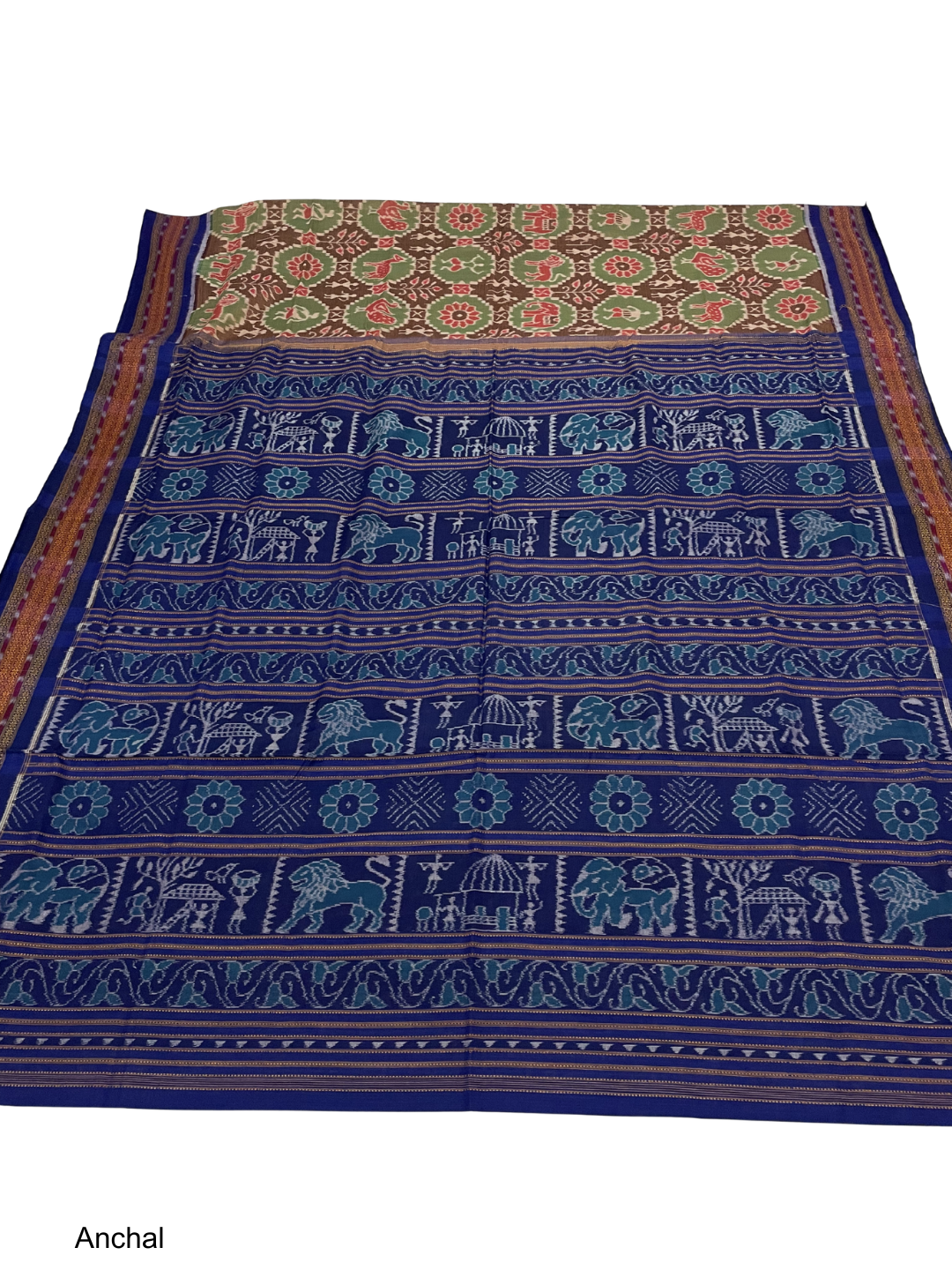 Wildlife Bandha — Mehendi Green & Royal Blue | Sambalpuri Cotton Saree