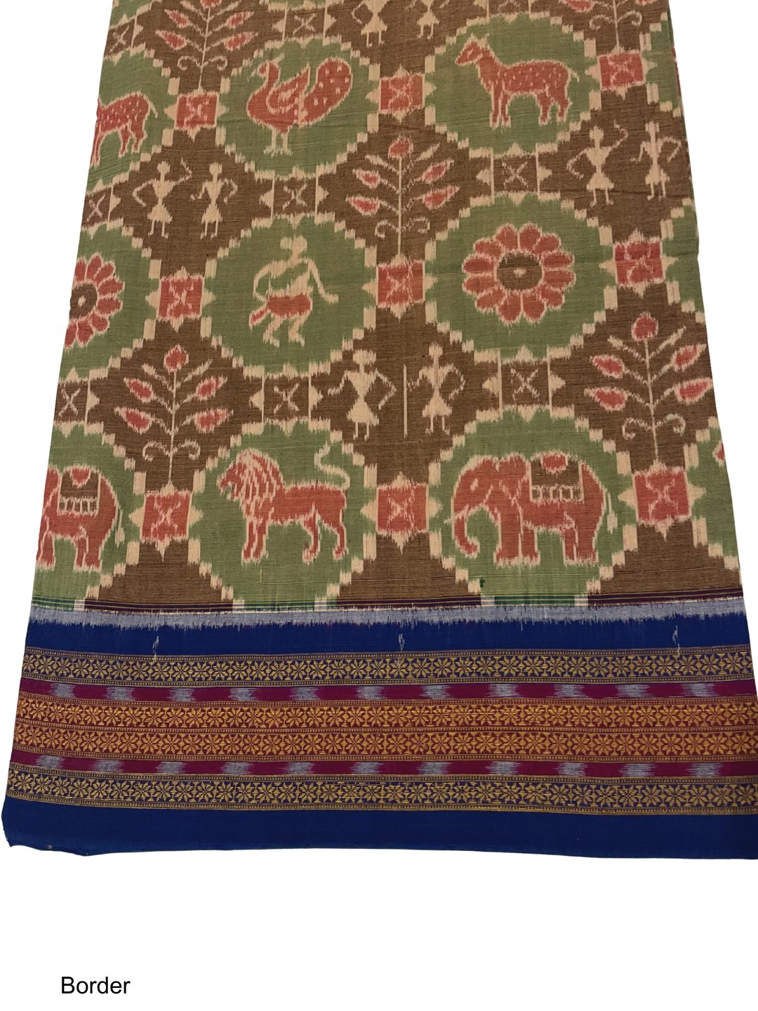 Wildlife Bandha — Mehendi Green & Royal Blue | Sambalpuri Cotton Saree