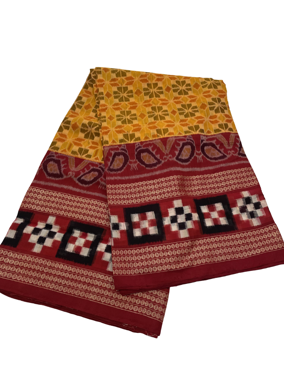 Milan Saptapar — Basanti Yellow & Deep Maroon | Sambalpuri Cotton Saree