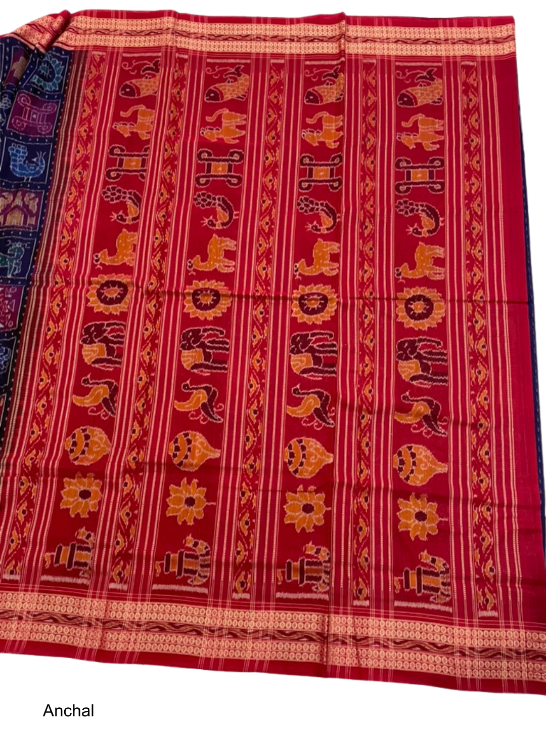 Nabakoti — Midnight Indigo & Vermilion Red | Sambalpuri Cotton Saree