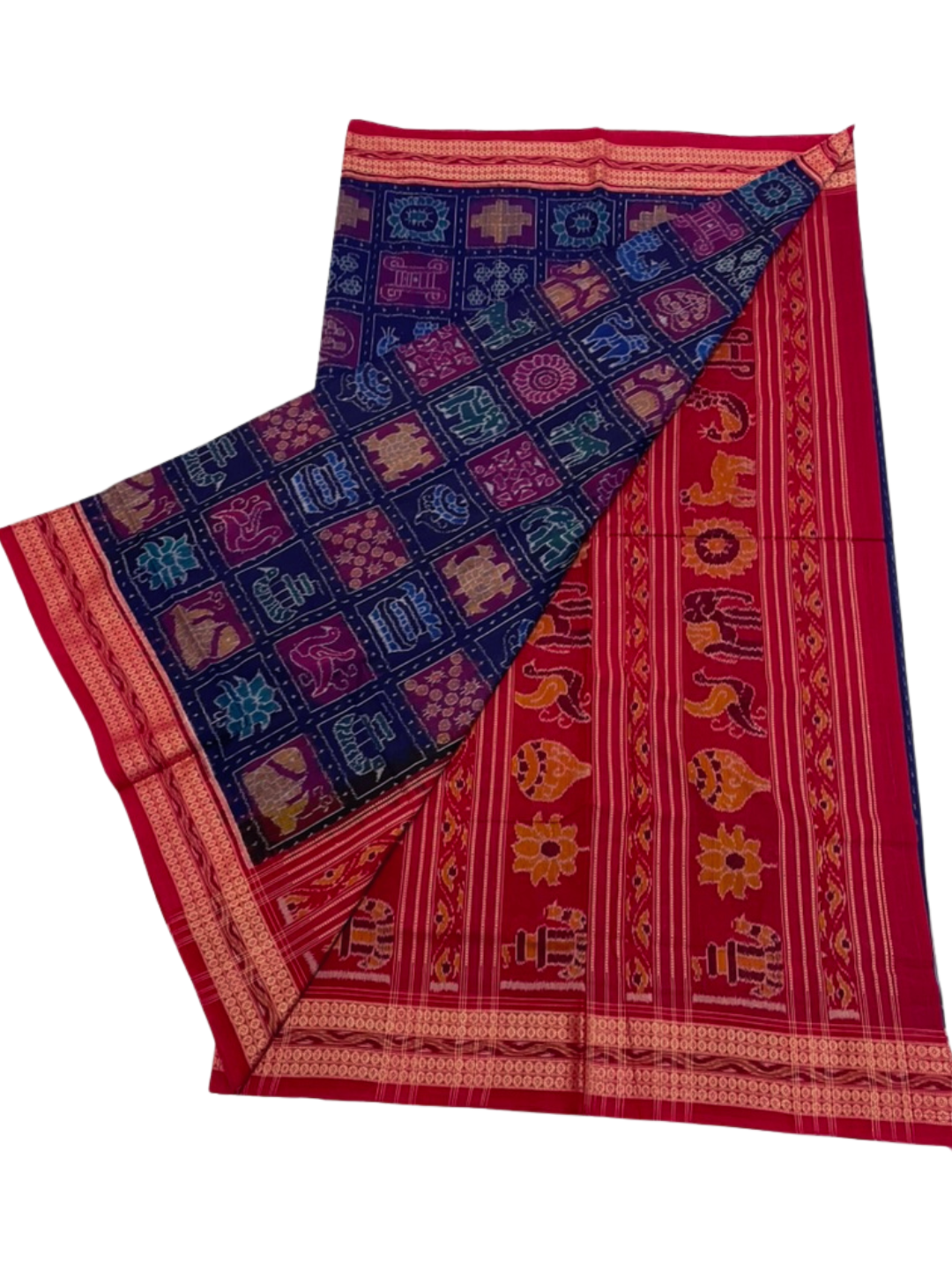 Nabakoti — Midnight Indigo & Vermilion Red | Sambalpuri Cotton Saree