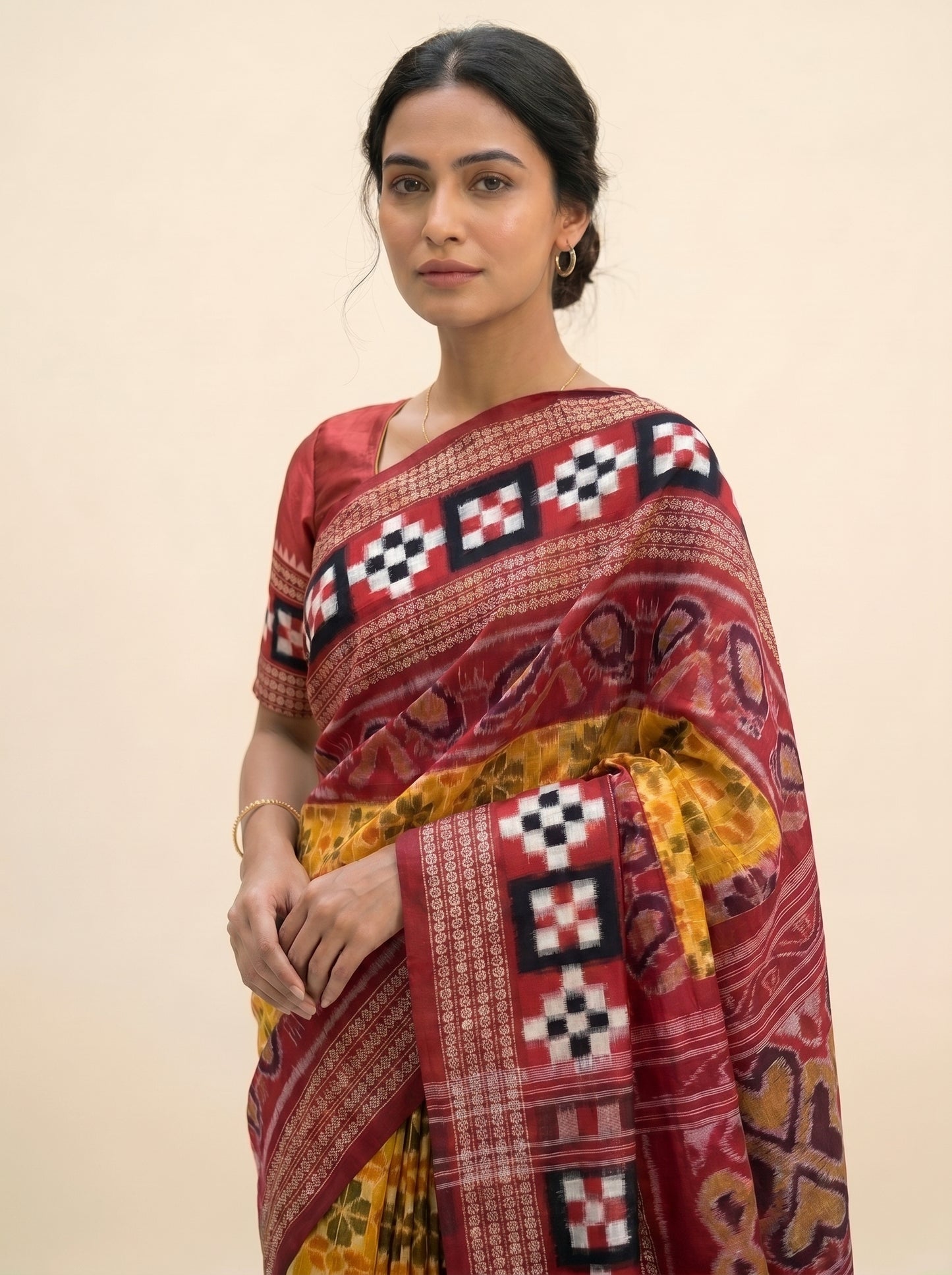 Milan Saptapar — Basanti Yellow & Deep Maroon | Sambalpuri Cotton Saree