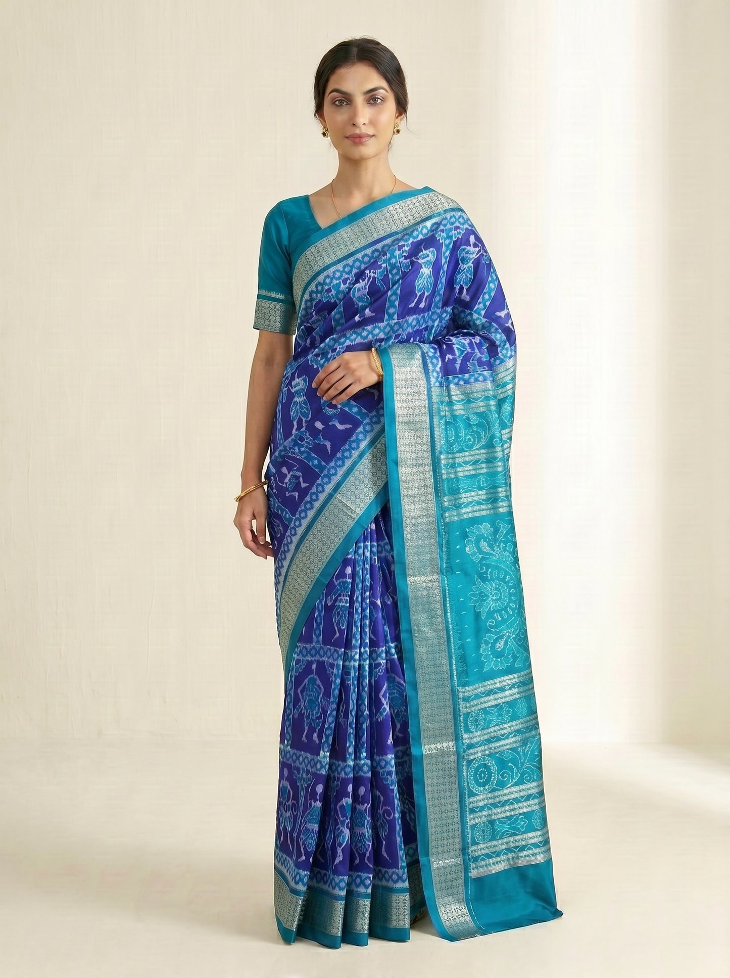 Nartaki Motif - Royal Amethyst & Sky Blue | Sambalpuri Silk Saree