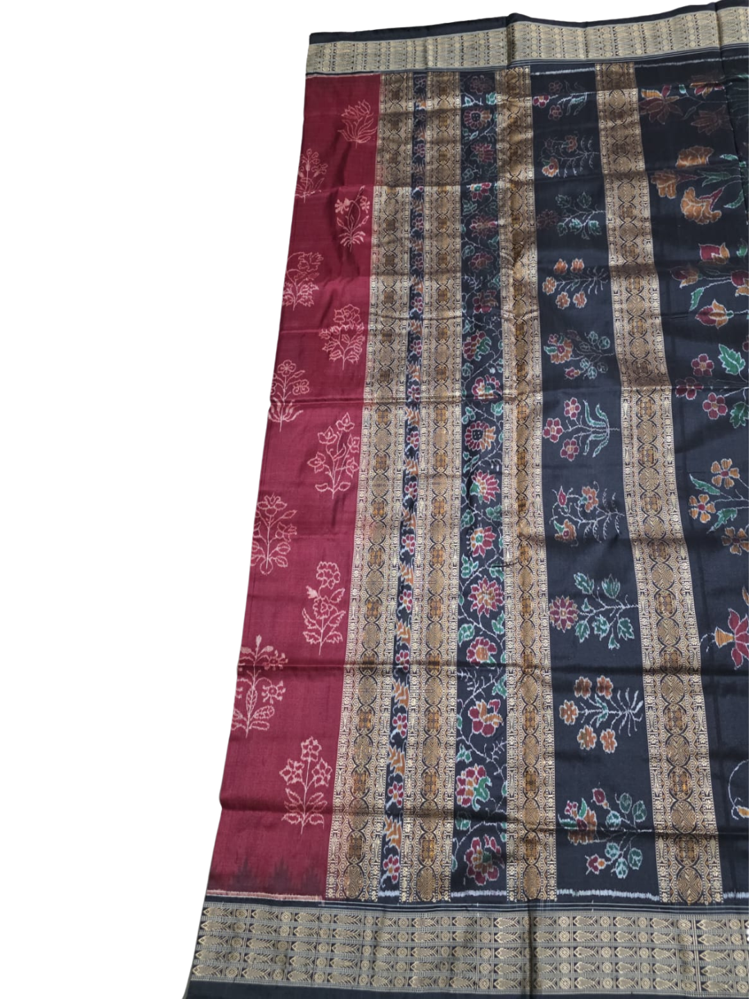 National Award Winning — 24 Motifs | Wine Berry & Midnight Black | Sambalpuri Silk Saree