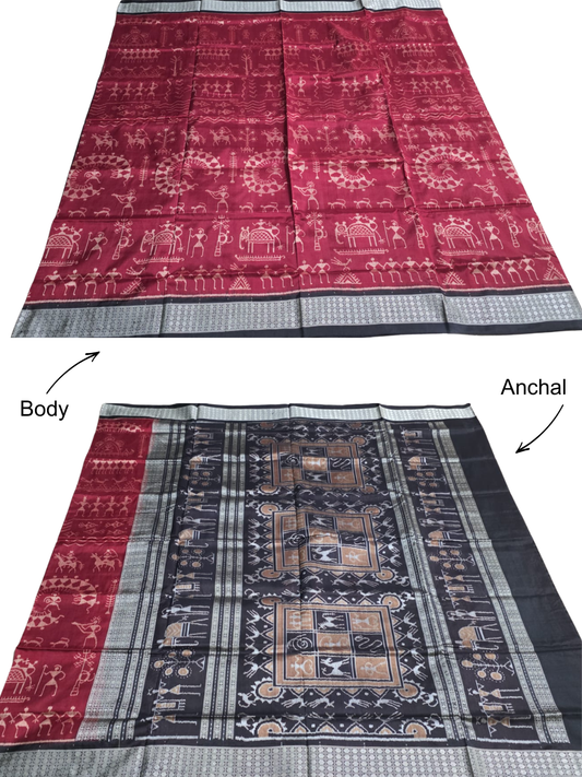 Banahotsaba - National Award Winning | Crimson Berry & Midnight Black | Sambalpuri Silk Saree