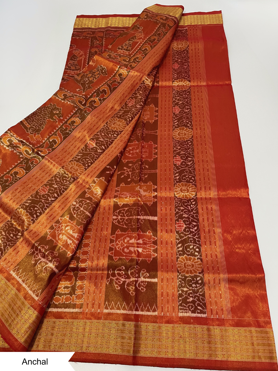 Gajasingha Chakra — Antique Copper & Burnt Saffron | Tissue Sambalpuri Silk Saree