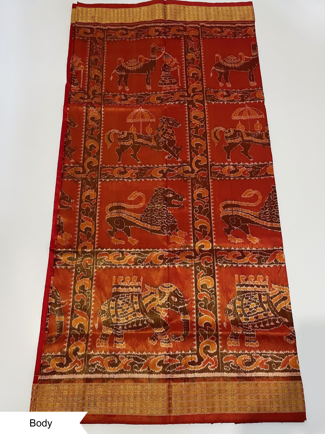 Gajasingha Chakra — Antique Copper & Burnt Saffron | Tissue Sambalpuri Silk Saree