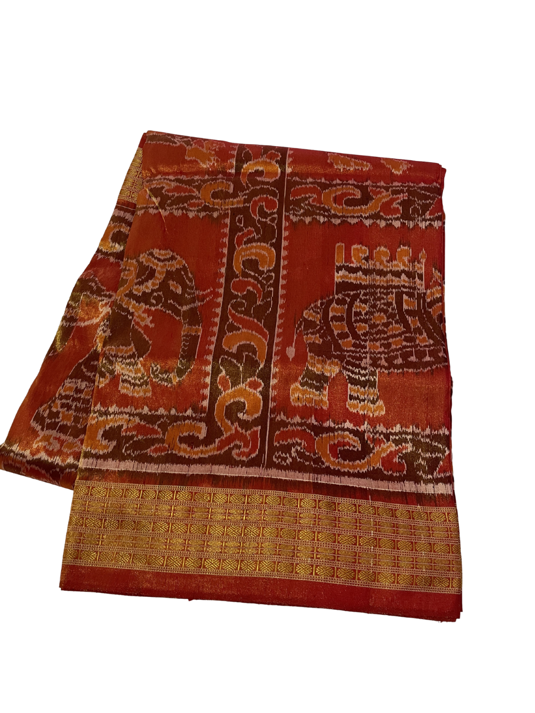 Gajasingha Chakra — Antique Copper & Burnt Saffron | Tissue Sambalpuri Silk Saree