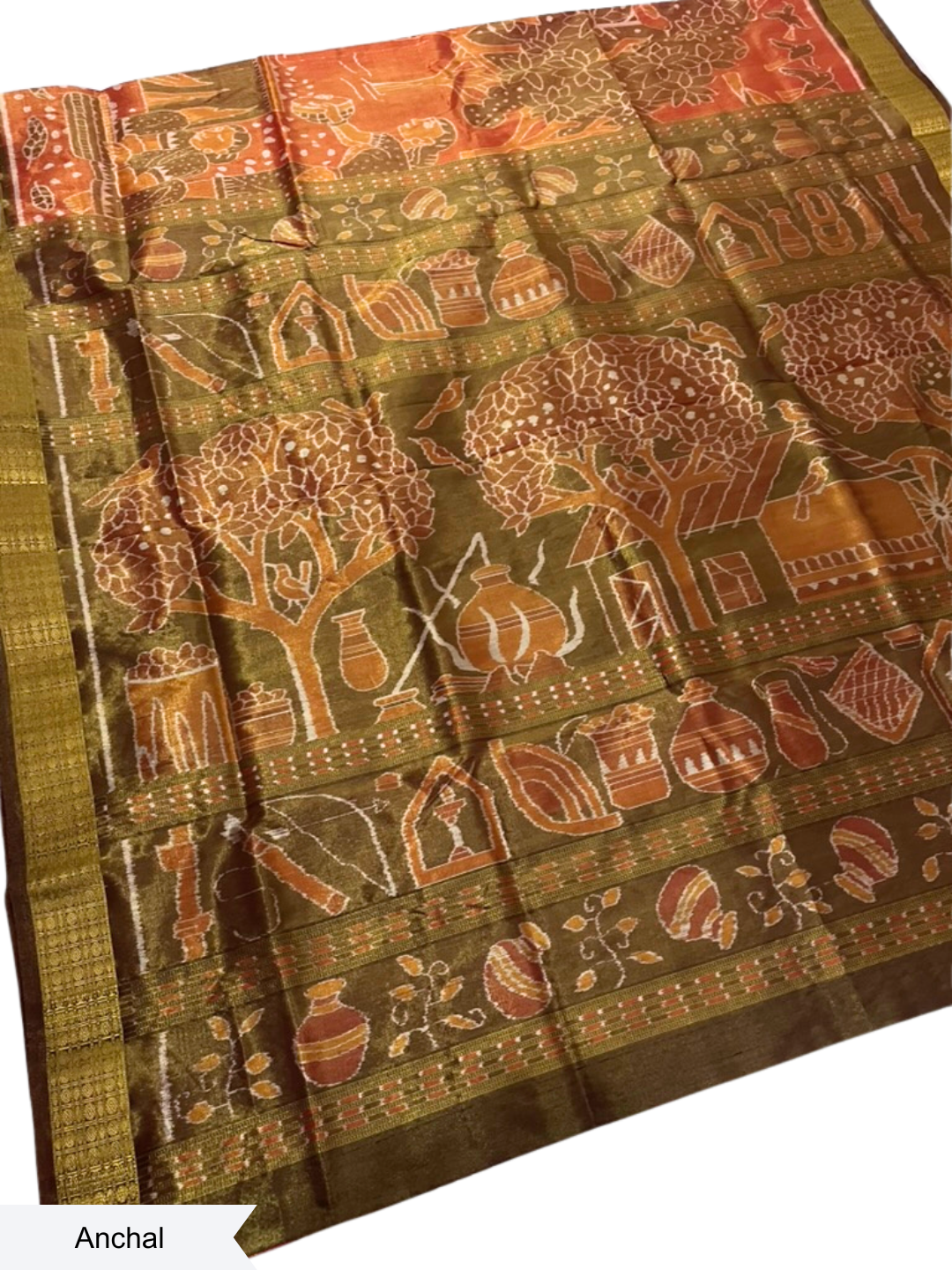 Mahulbeta — Antique Gold & Burnt Sienna | Tissue Silk Sambalpuri Saree