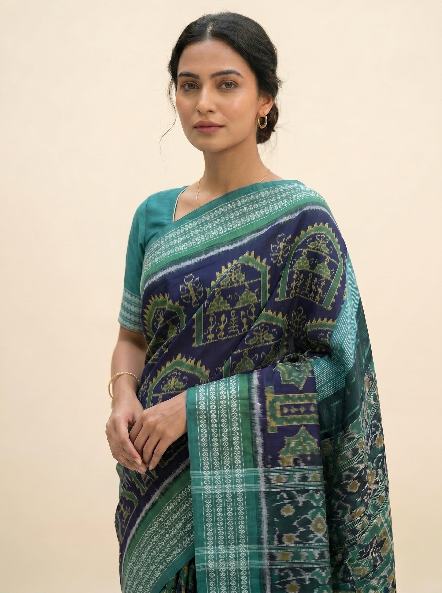 Tribal Motif — Midnight Violet & Sea Green | Sambalpuri Cotton Saree