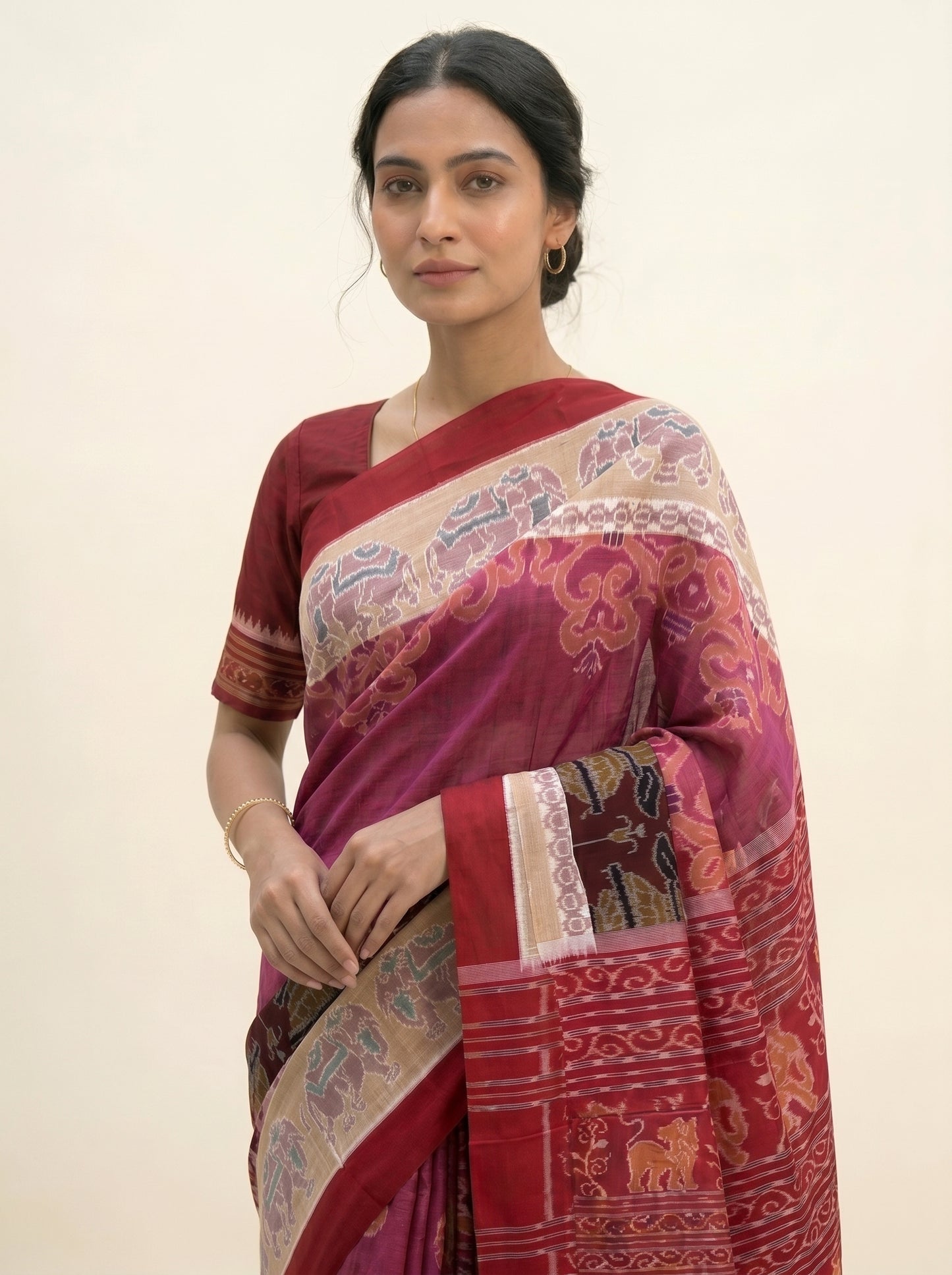 Plain Border— Rosewood Maroon & Ink Black | Sambalpuri Cotton Saree