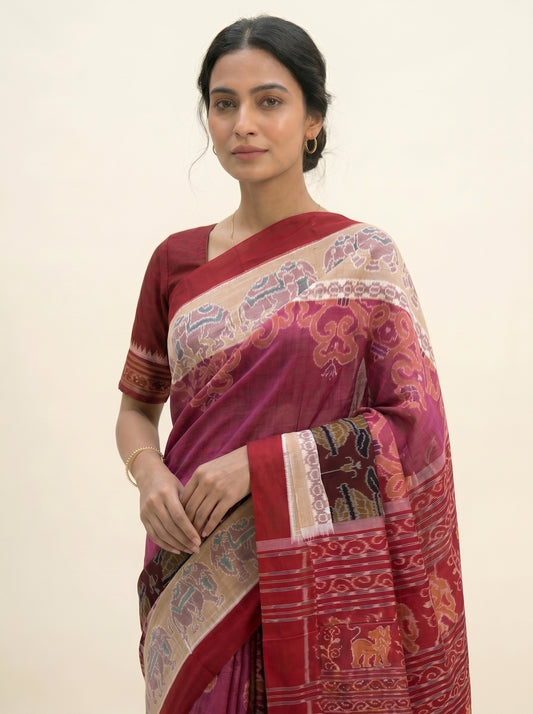 Plain Border— Rosewood Maroon & Ink Black | Sambalpuri Cotton Saree