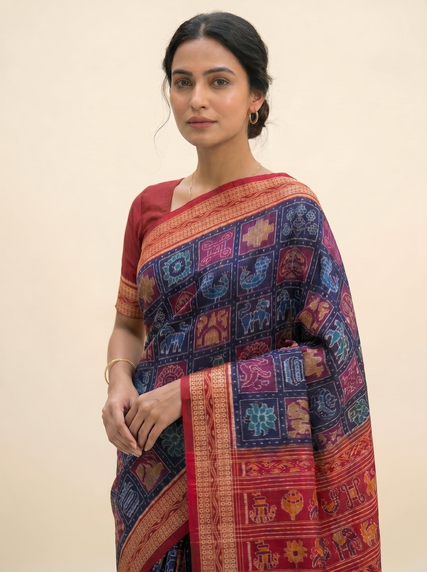 Nabakoti — Midnight Indigo & Vermilion Red | Sambalpuri Cotton Saree