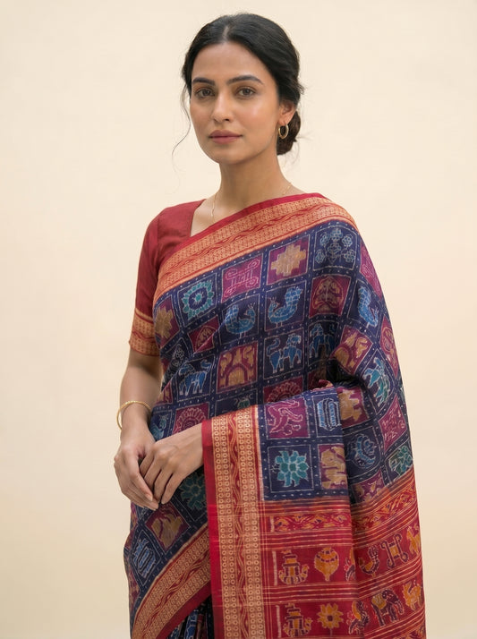 Nabakoti — Midnight Indigo & Vermilion Red | Sambalpuri Cotton Saree