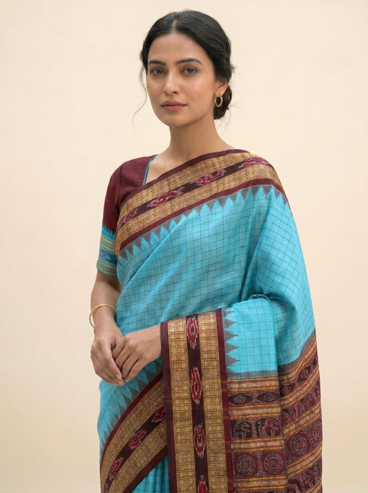 Sachipar - Sky Blue & Deep Maroon | Sambalpuri Silk Saree
