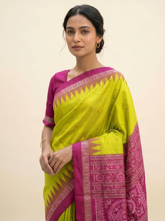 Rudrakhya with Kumbha Border — Fluorescent Green & Rani Pink | Sambalpuri Silk Saree