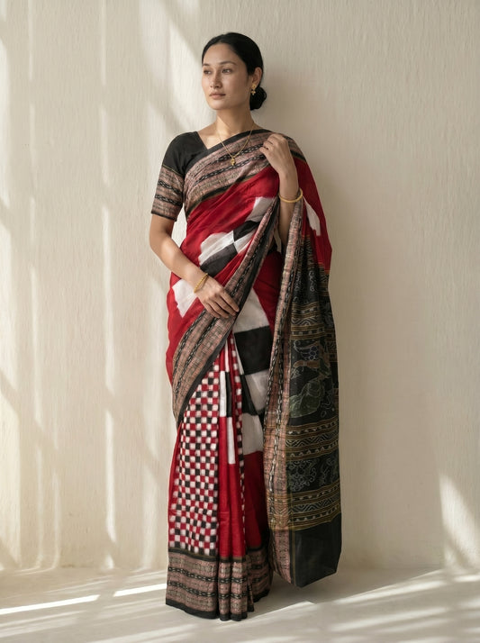 Saptapar - Royal Red & Black | Sambalpuri Cotton Saree