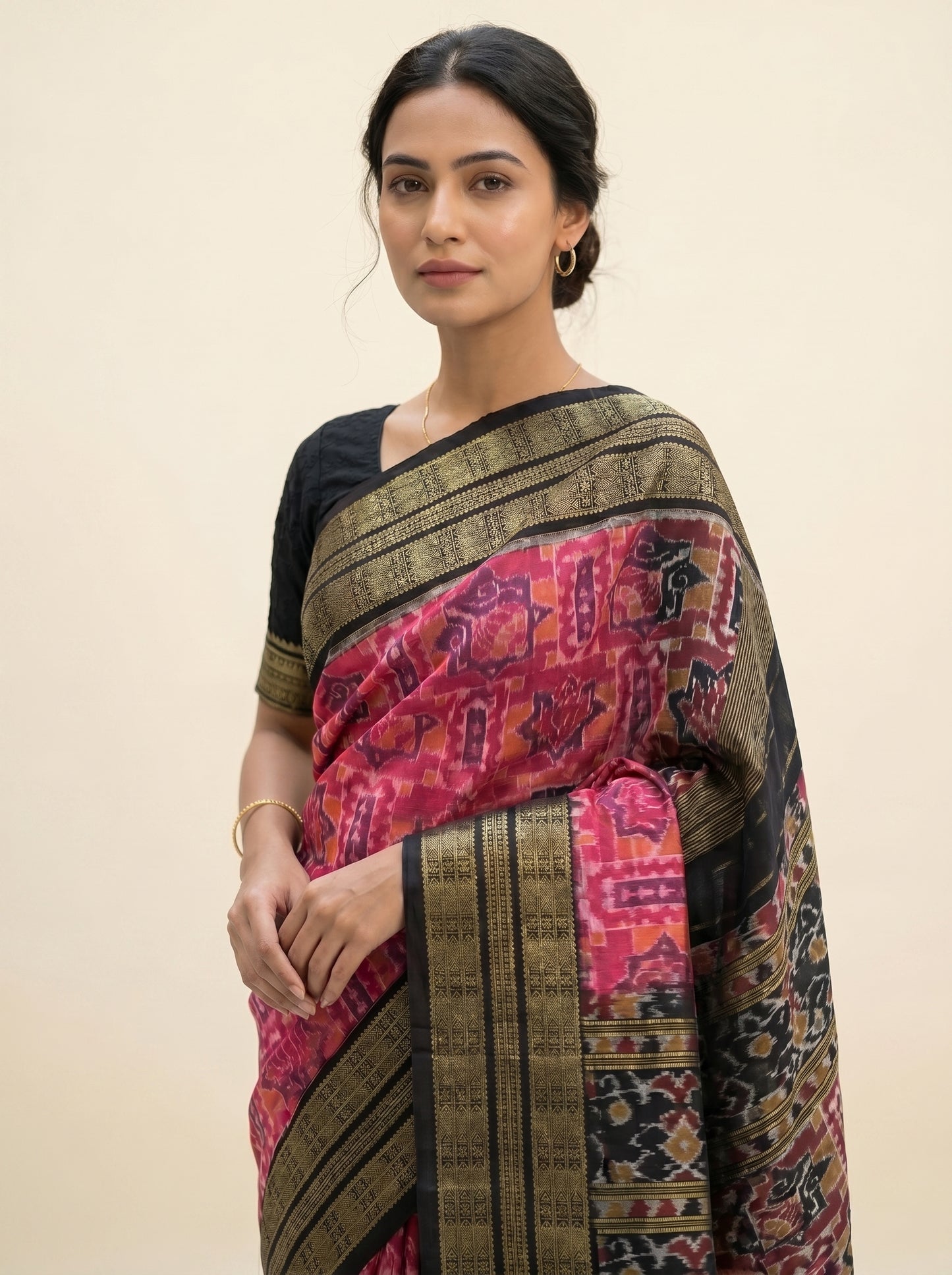 Macha Border — Peach Blossom & Black | Sambalpuri Cotton Saree